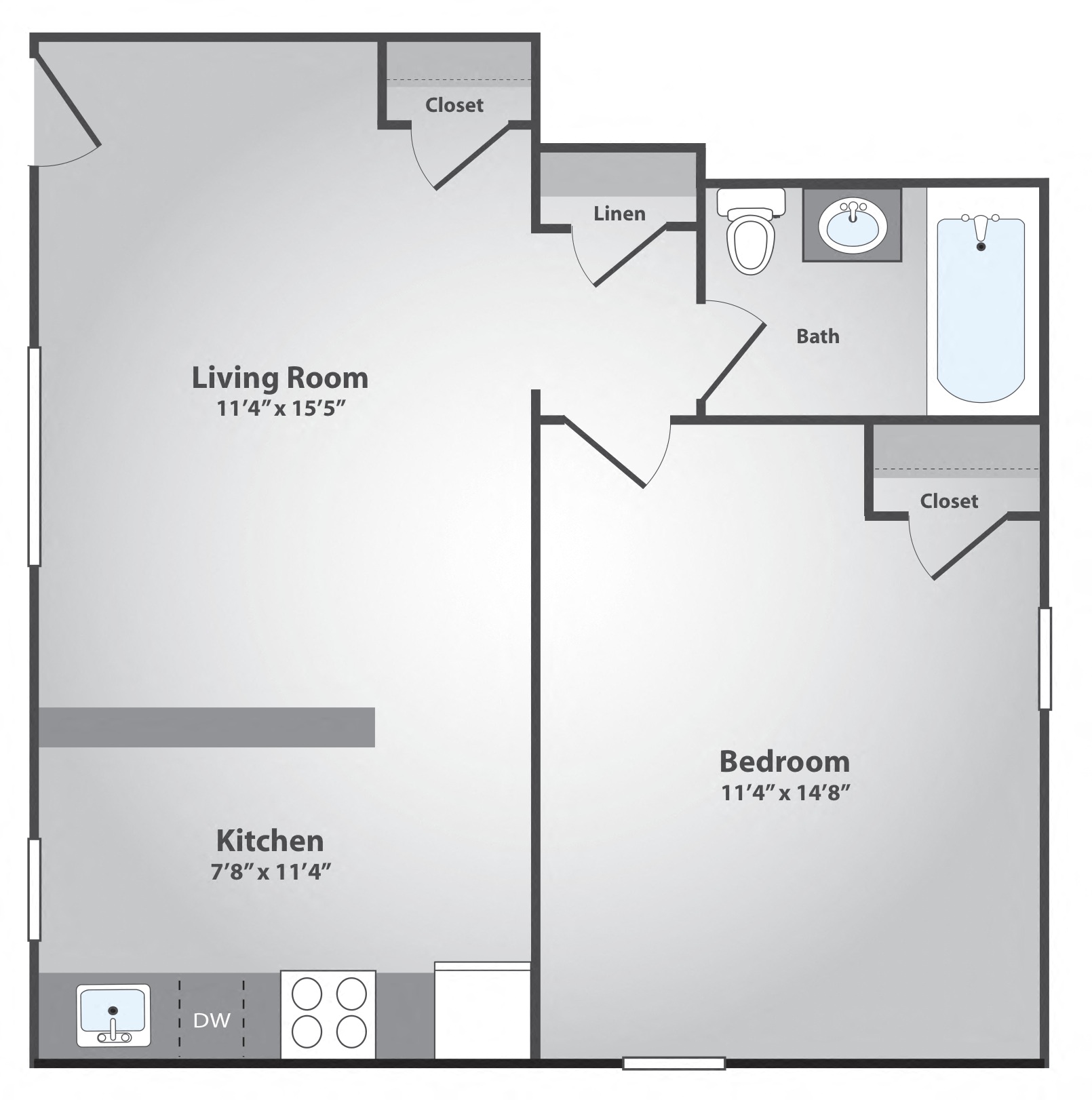 Floor plan for 1 bed, 1 bath, 505 sqft